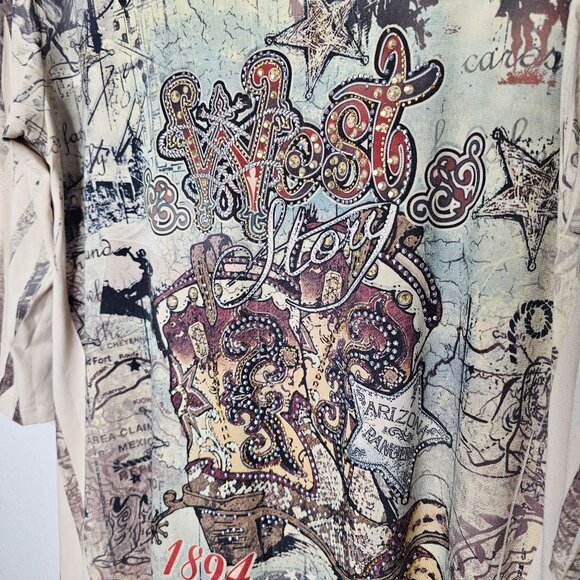 Cactus L Y2K Bling Gem Top Asymmetric Hem Boho Western Cowgirl Tunic Embellished - Picture 2 of 5